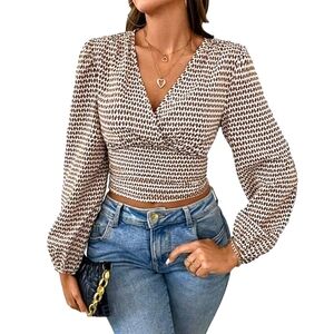 Bohemian Top Lantern Sleeve Brown Cropped V neck S M L XL Slim Shirred Waistline